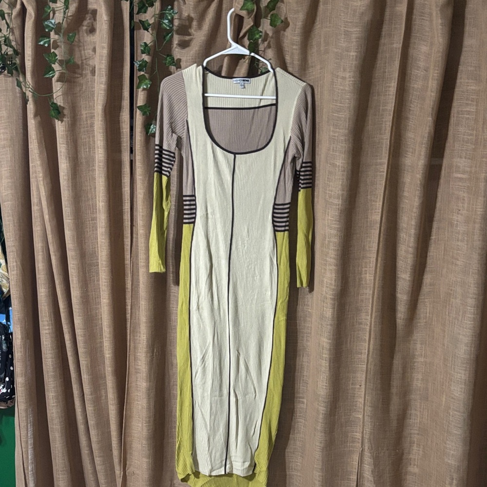 Fashion Nova Cream and Brown Long Sleeve Dress